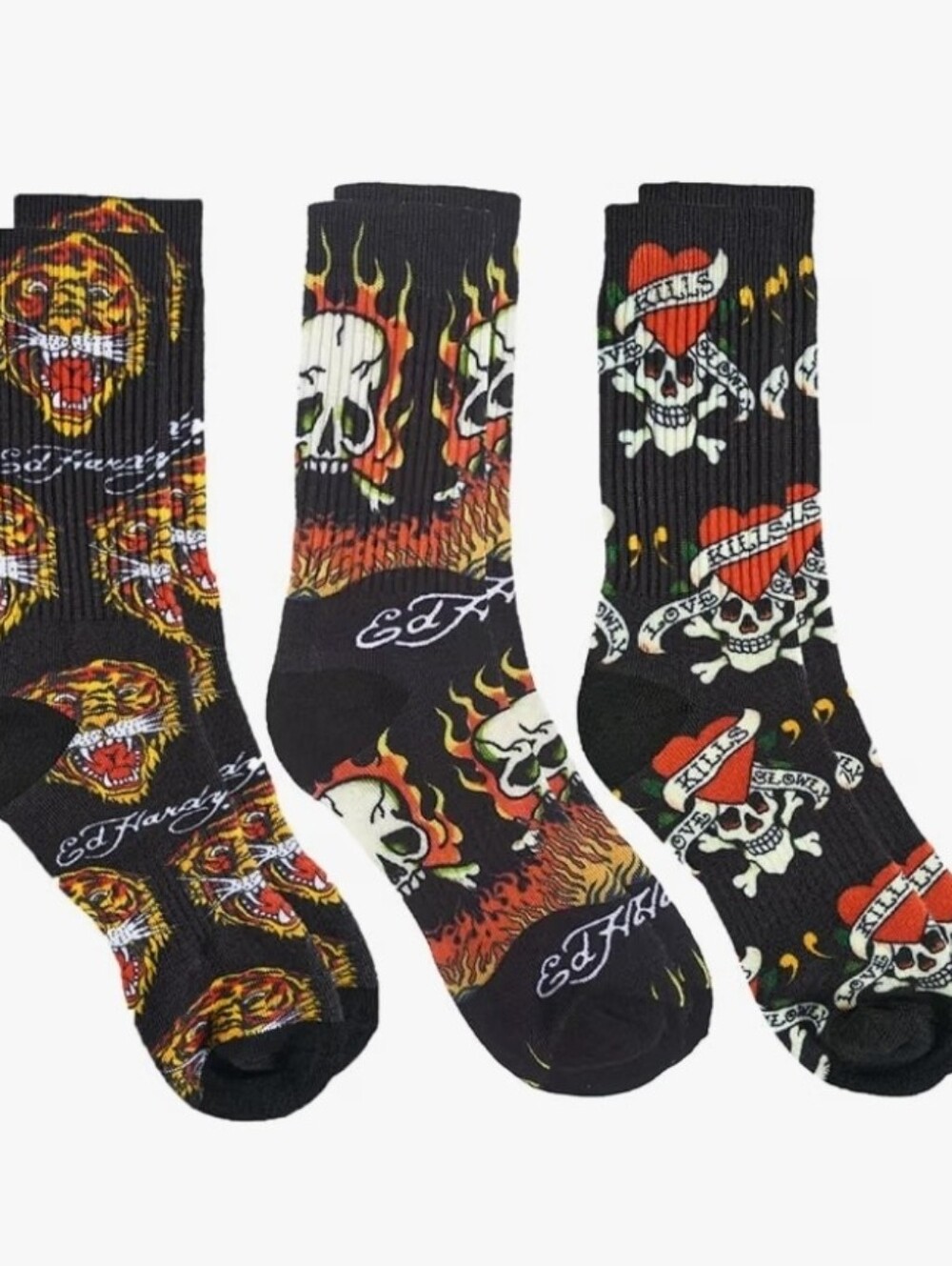 Ed Hardy Men's Black Graphic Skull & Tiger Crew Socks - 3 Pack/ US 6-12